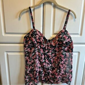 Full Tilt Black Floral Smocked Cami with Pink Roses